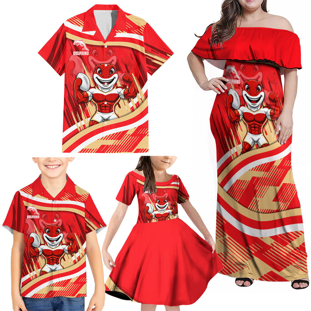 Dolphins Rugby Mascot Family Matching Off Shoulder Maxi Dress and Hawaiian Shirt Fierce Athlete Graphic in Sports Style
