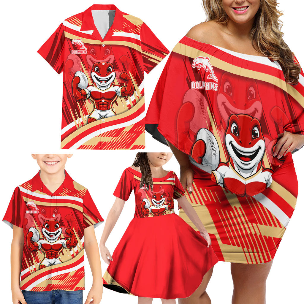 Dolphins Rugby Mascot Family Matching Off Shoulder Short Dress and Hawaiian Shirt Fierce Athlete Graphic in Sports Style
