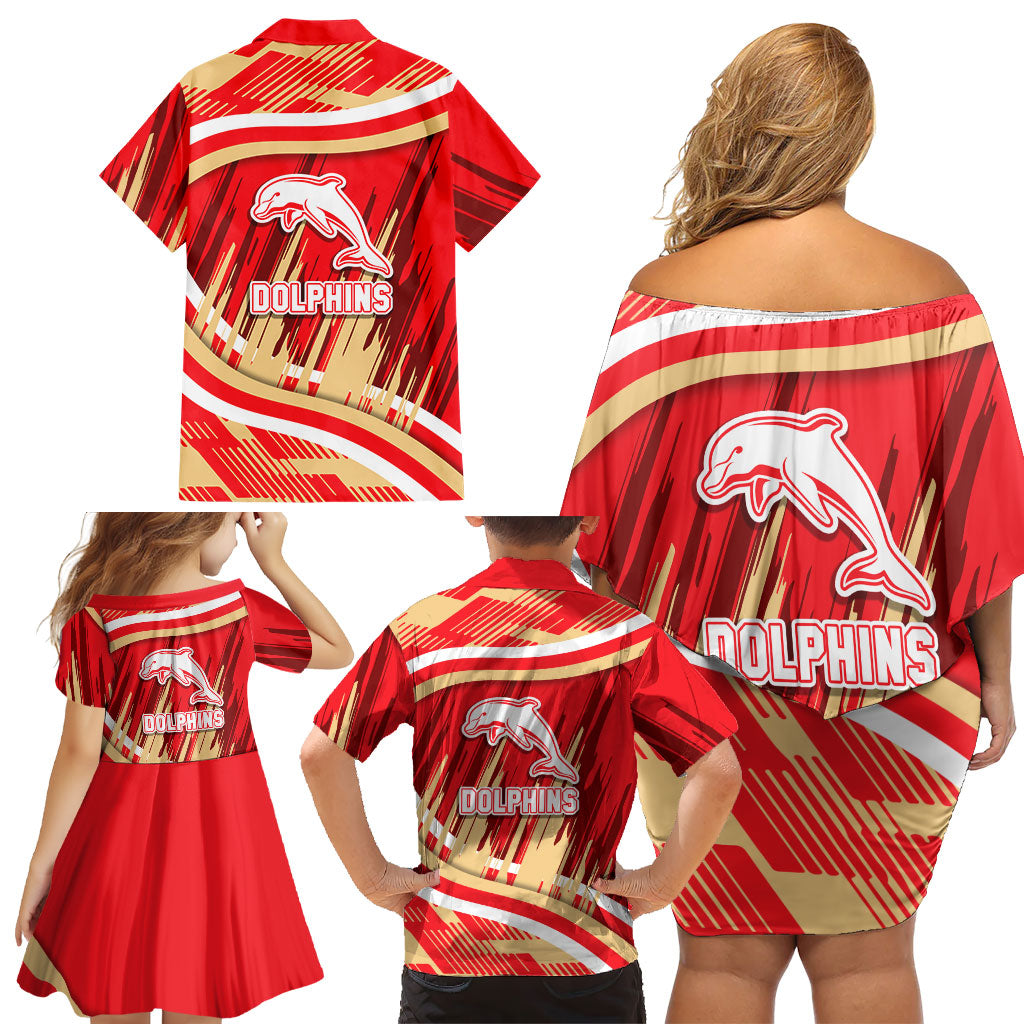 Dolphins Rugby Mascot Family Matching Off Shoulder Short Dress and Hawaiian Shirt Fierce Athlete Graphic in Sports Style