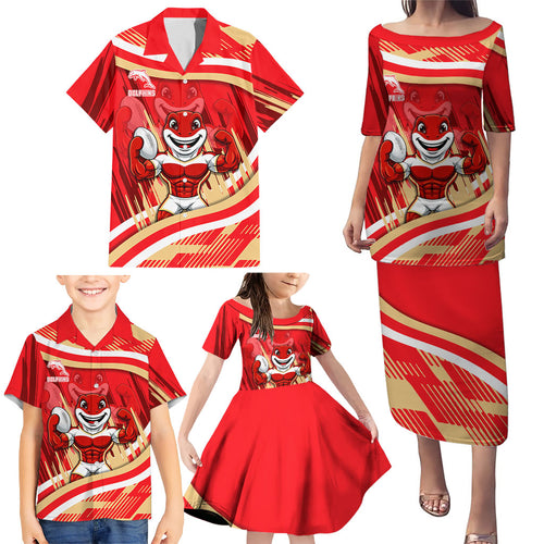 Dolphins Rugby Mascot Family Matching Puletasi and Hawaiian Shirt Fierce Athlete Graphic in Sports Style
