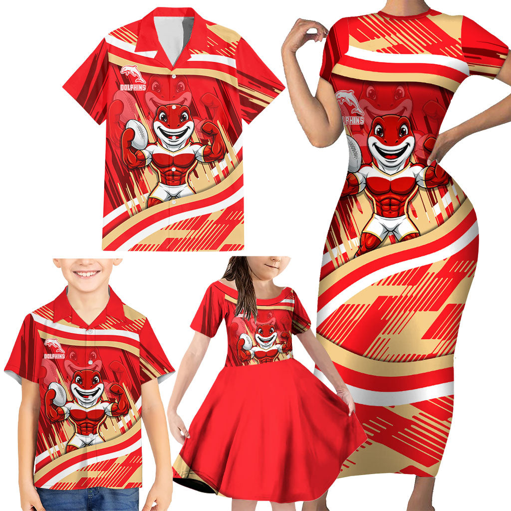 Dolphins Rugby Mascot Family Matching Short Sleeve Bodycon Dress and Hawaiian Shirt Fierce Athlete Graphic in Sports Style