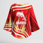 Dolphins Rugby Mascot Kimono Sleeve Blouse Fierce Athlete Graphic in Sports Style