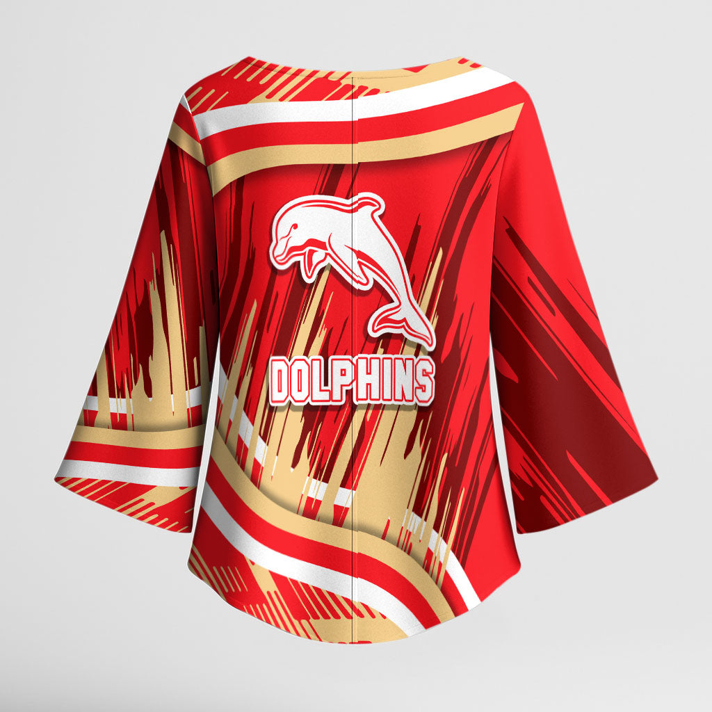 Dolphins Rugby Mascot Kimono Sleeve Blouse Fierce Athlete Graphic in Sports Style