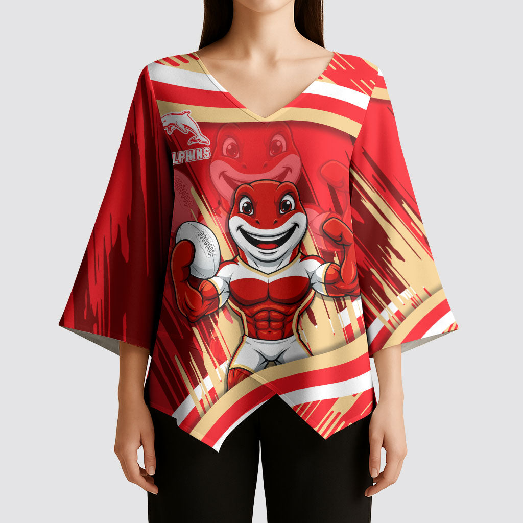 Dolphins Rugby Mascot Kimono Sleeve Blouse Fierce Athlete Graphic in Sports Style