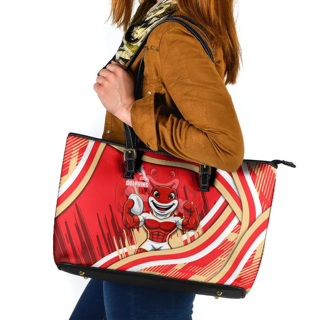 Dolphins Rugby Mascot Leather Tote Bag Fierce Athlete Graphic in Sports Style