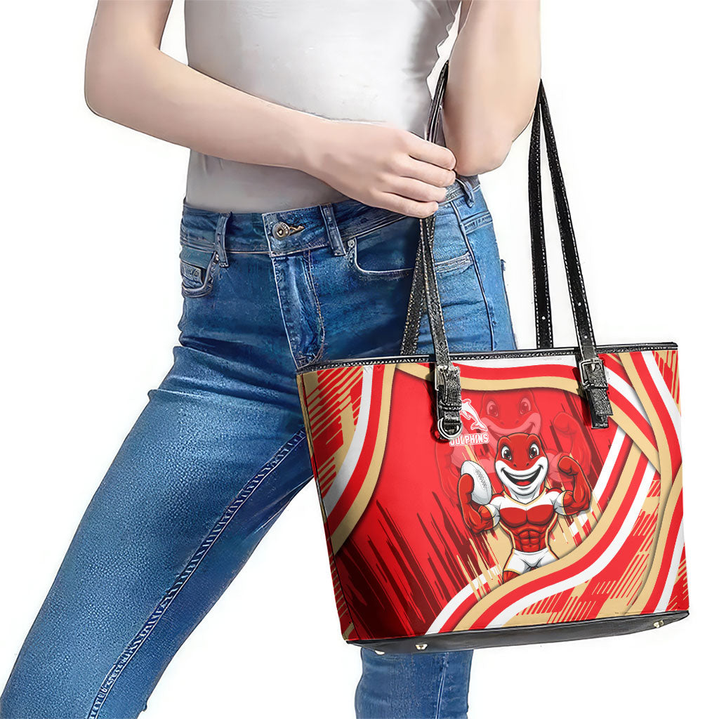 Dolphins Rugby Mascot Leather Tote Bag Fierce Athlete Graphic in Sports Style