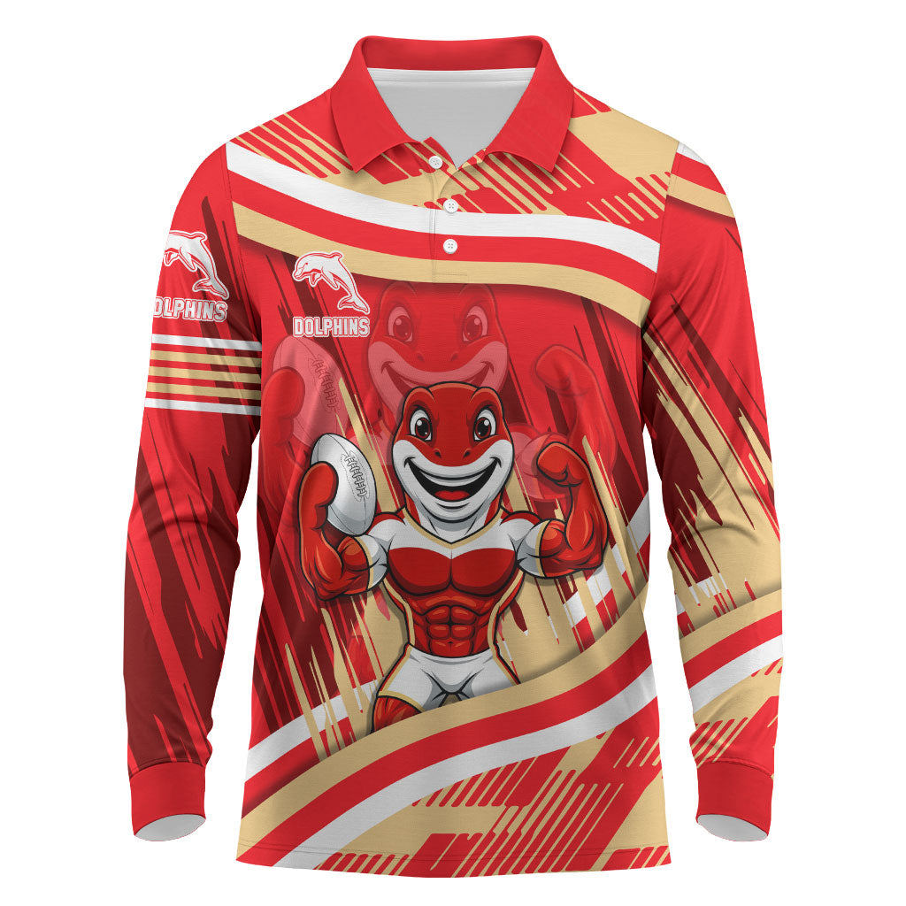 Dolphins Rugby Mascot Long Sleeve Polo Shirt Fierce Athlete Graphic in Sports Style