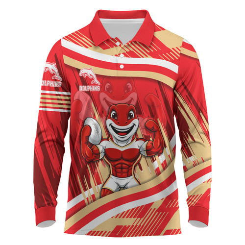 Dolphins Rugby Mascot Long Sleeve Polo Shirt Fierce Athlete Graphic in Sports Style