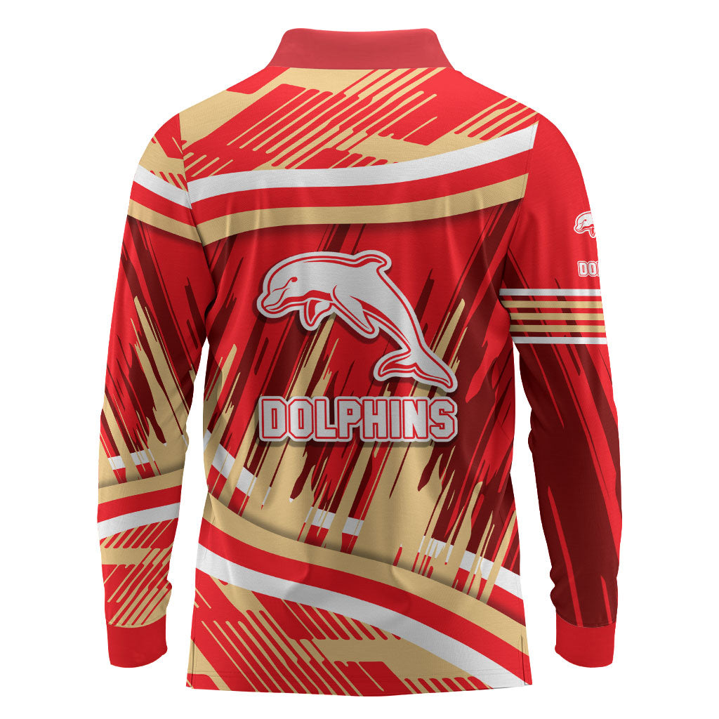 Dolphins Rugby Mascot Long Sleeve Polo Shirt Fierce Athlete Graphic in Sports Style
