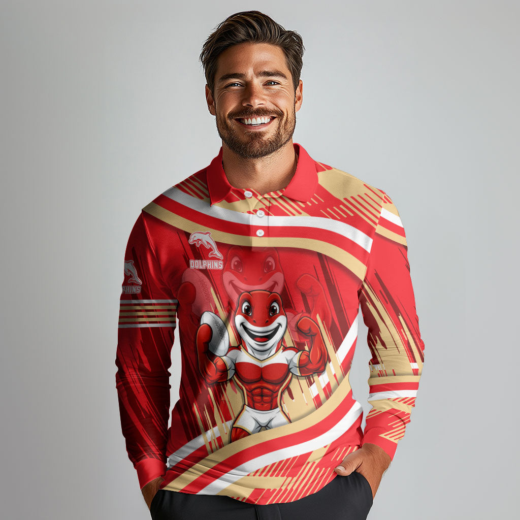 Dolphins Rugby Mascot Long Sleeve Polo Shirt Fierce Athlete Graphic in Sports Style