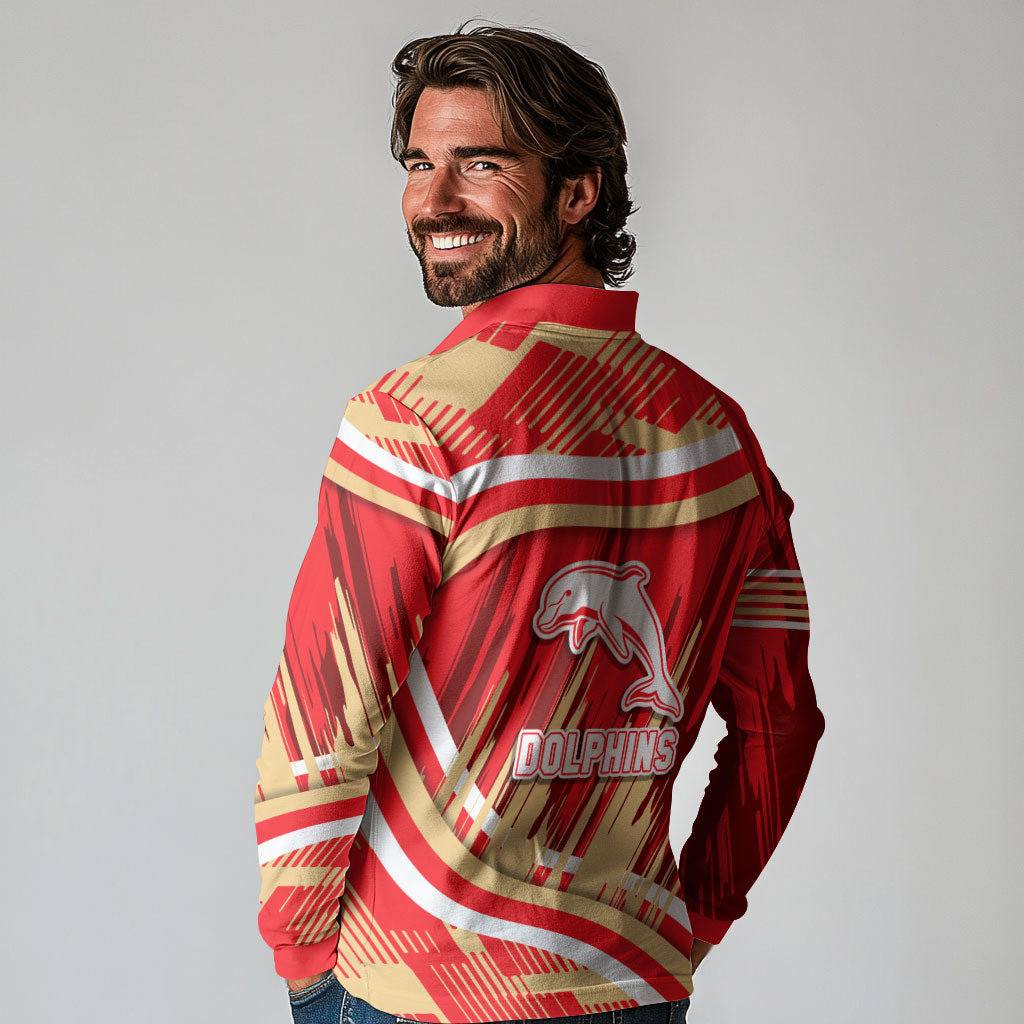 Dolphins Rugby Mascot Long Sleeve Polo Shirt Fierce Athlete Graphic in Sports Style