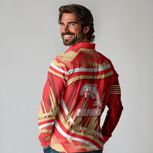 Dolphins Rugby Mascot Long Sleeve Polo Shirt Fierce Athlete Graphic in Sports Style