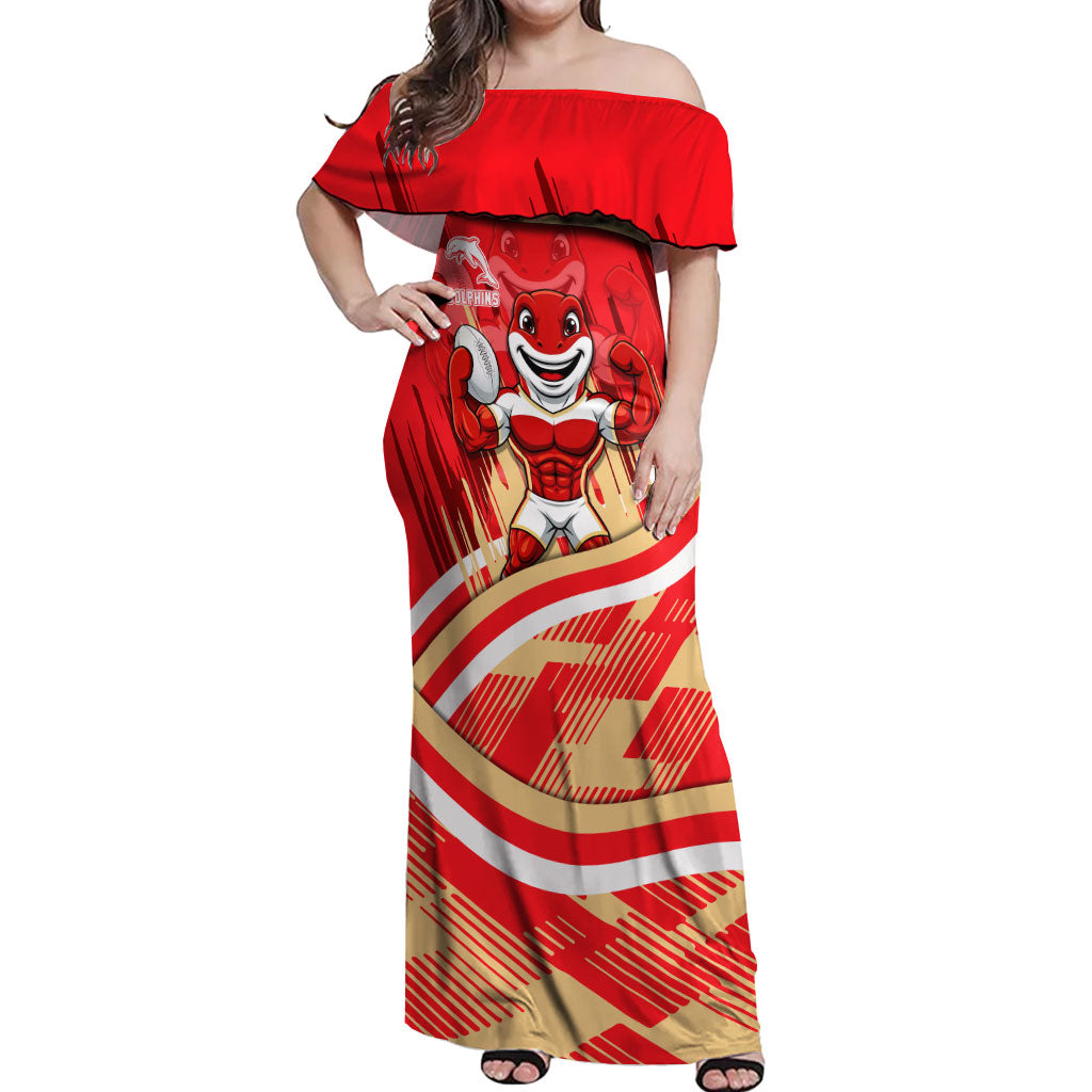 Dolphins Rugby Mascot Off Shoulder Maxi Dress Fierce Athlete Graphic in Sports Style