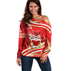 Dolphins Rugby Mascot Off Shoulder Sweater Fierce Athlete Graphic in Sports Style