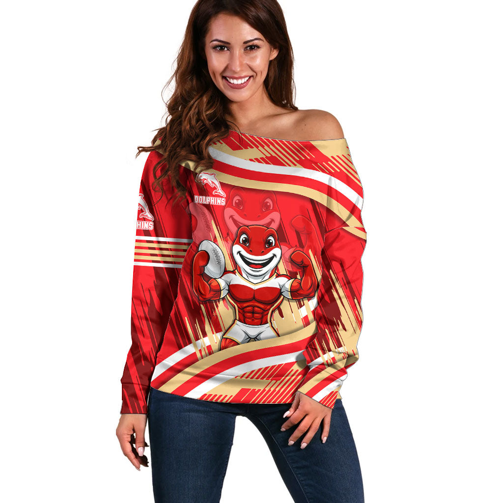 Dolphins Rugby Mascot Off Shoulder Sweater Fierce Athlete Graphic in Sports Style