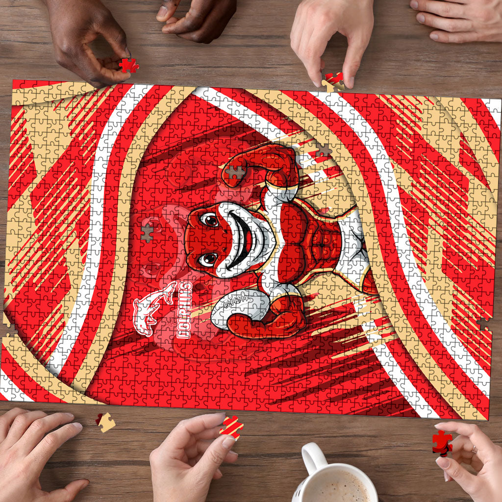 Dolphins Rugby Mascot Puzzle Fierce Athlete Graphic in Sports Style