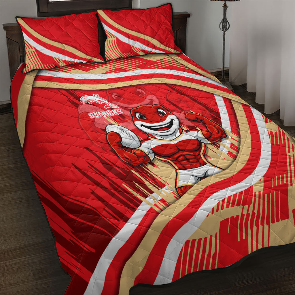 Dolphins Rugby Mascot Quilt Bed Set Fierce Athlete Graphic in Sports Style