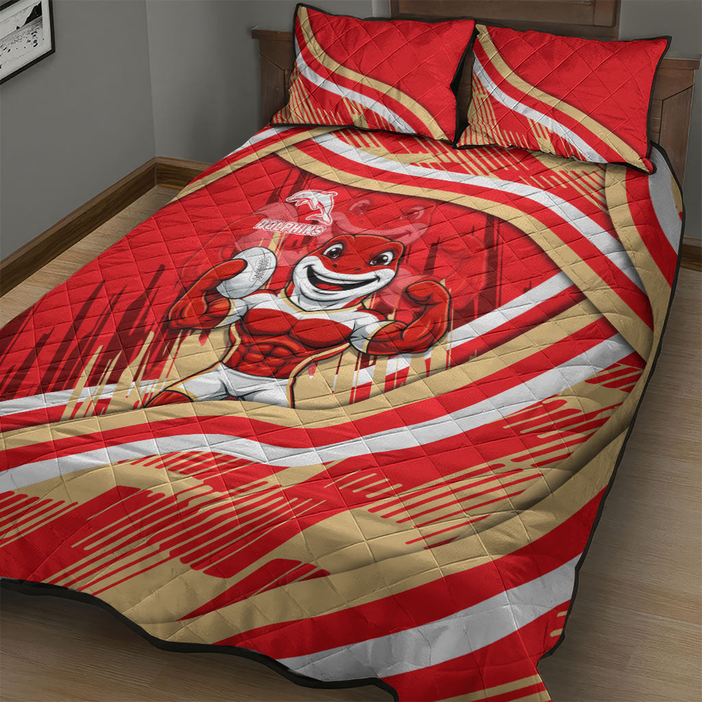 Dolphins Rugby Mascot Quilt Bed Set Fierce Athlete Graphic in Sports Style