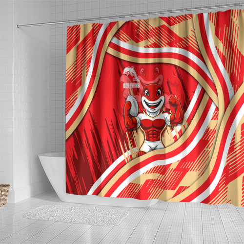 Dolphins Rugby Mascot Shower Curtain Fierce Athlete Graphic in Sports Style
