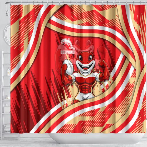 Dolphins Rugby Mascot Shower Curtain Fierce Athlete Graphic in Sports Style