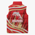 Dolphins Rugby Mascot Sleeveless Puffer Jacket Fierce Athlete Graphic in Sports Style