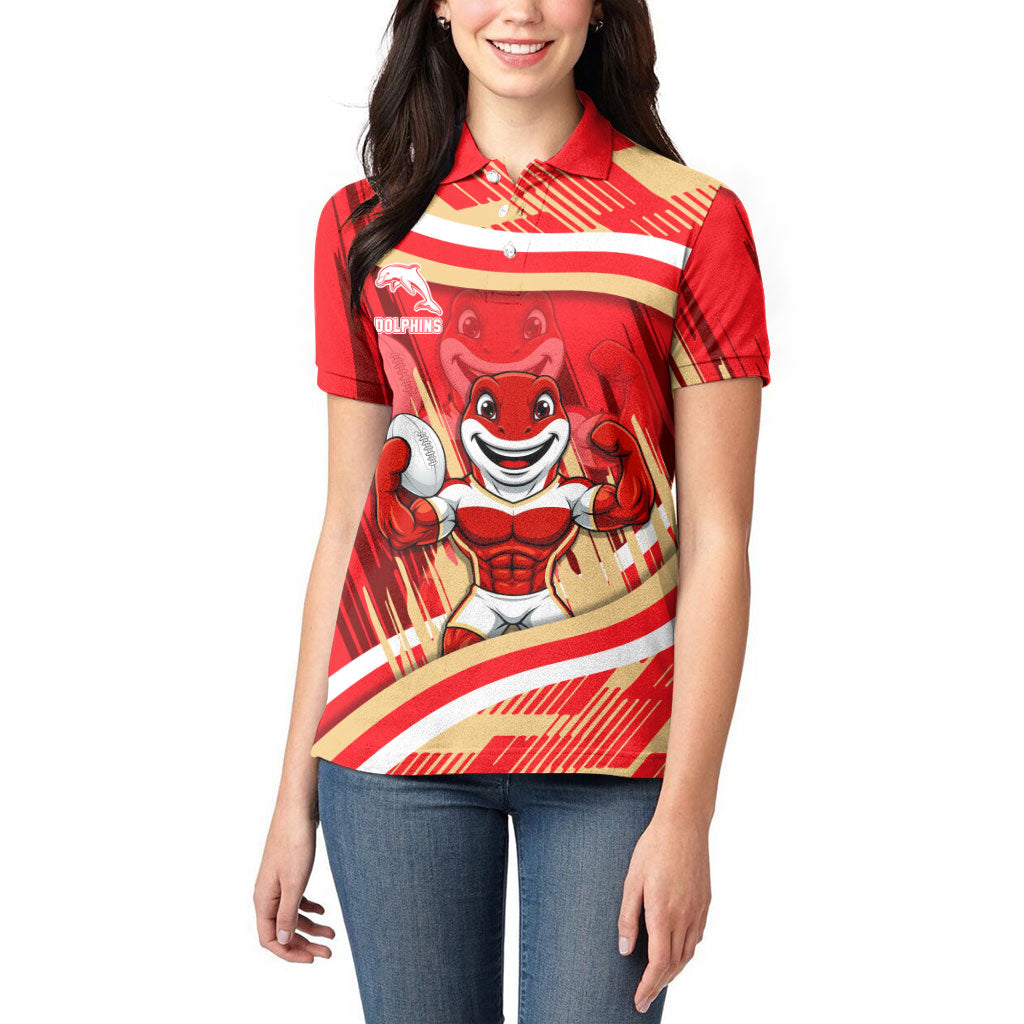 Dolphins Rugby Mascot Women Polo Shirt Fierce Athlete Graphic in Sports Style