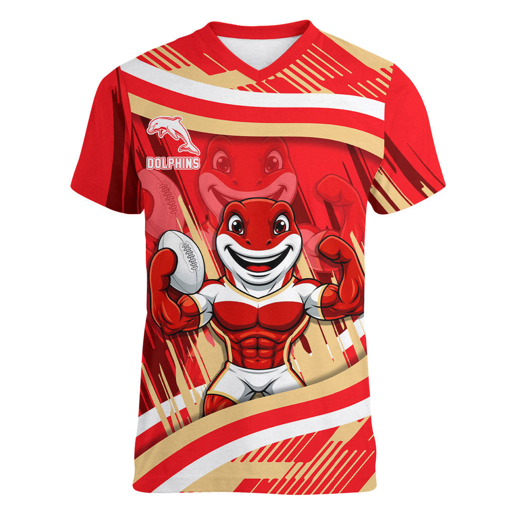 Dolphins Rugby Mascot Women V-Neck T-Shirt Fierce Athlete Graphic in Sports Style