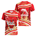 Dolphins Rugby Mascot Women V-Neck T-Shirt Fierce Athlete Graphic in Sports Style