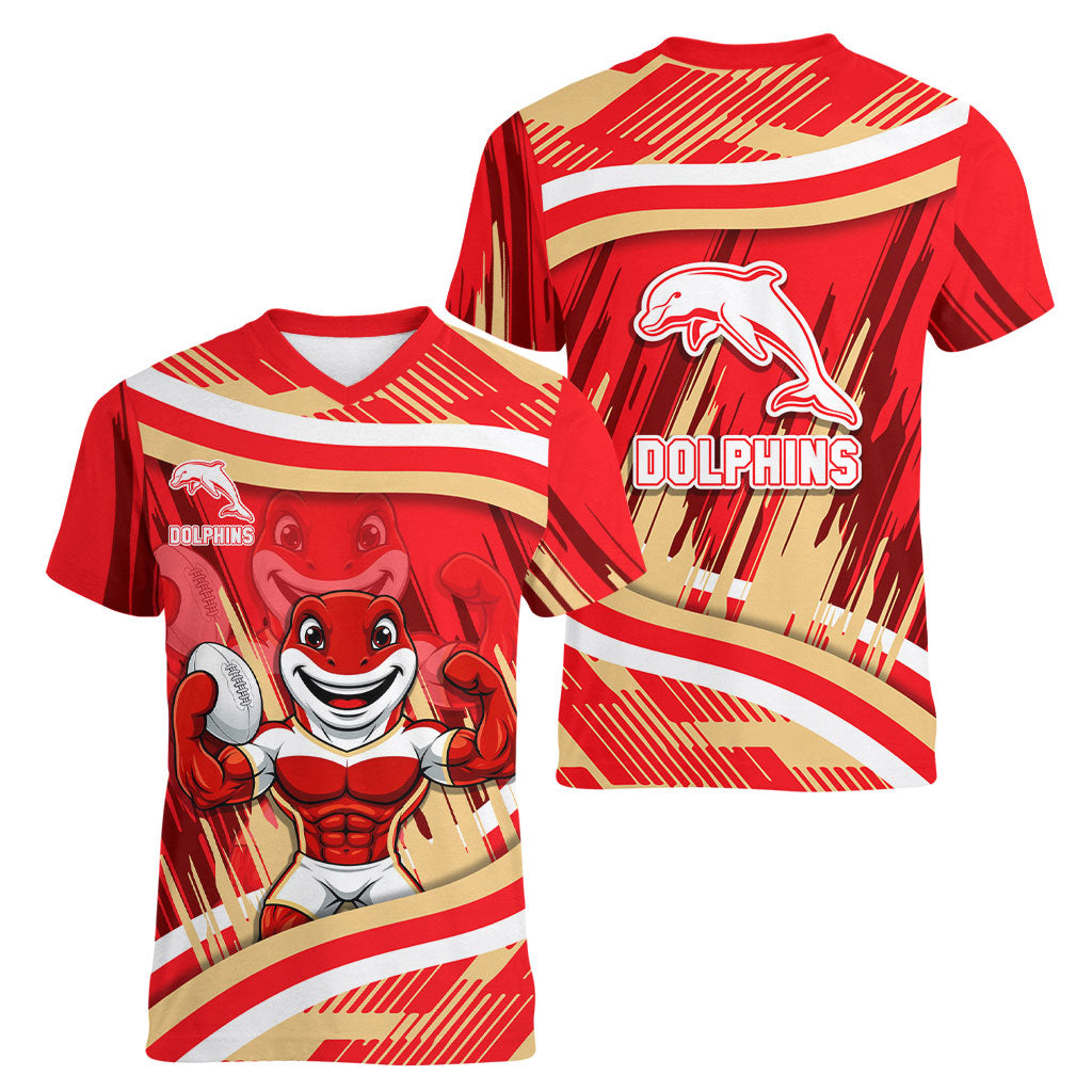 Dolphins Rugby Mascot Women V-Neck T-Shirt Fierce Athlete Graphic in Sports Style