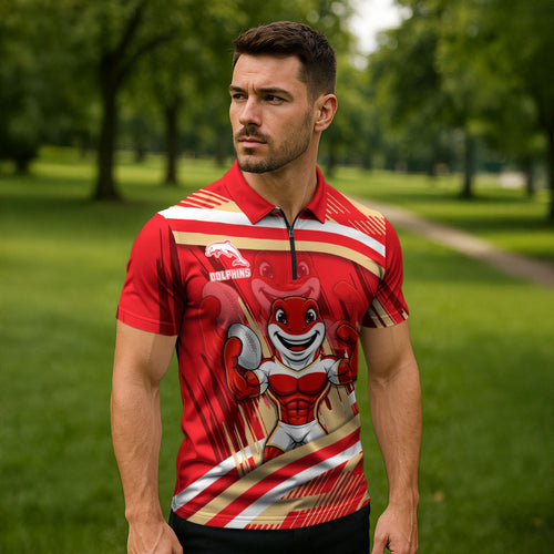 Dolphins Rugby Mascot Zipper Polo Shirt Fierce Athlete Graphic in Sports Style