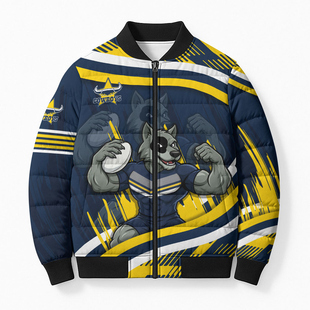 Cowboys Rugby Mascot Bomber Puffer Jacket Fierce Athlete Graphic in Sports Style