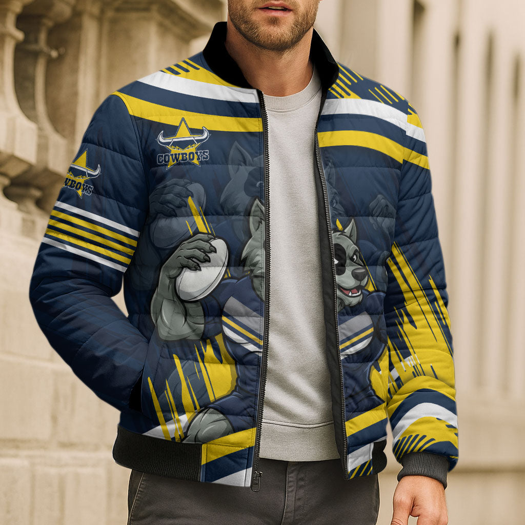 Cowboys Rugby Mascot Bomber Puffer Jacket Fierce Athlete Graphic in Sports Style
