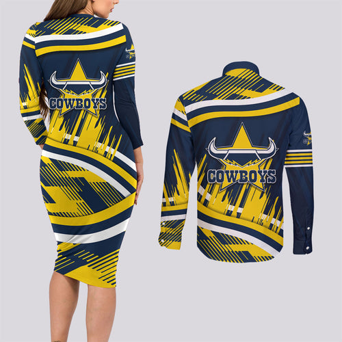 Cowboys Rugby Mascot Couples Matching Long Sleeve Bodycon Dress and Long Sleeve Button Shirt Fierce Athlete Graphic in Sports Style