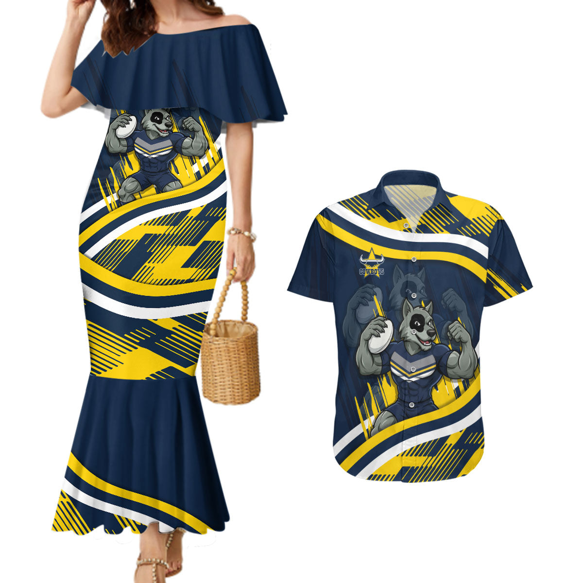 Cowboys Rugby Mascot Couples Matching Mermaid Dress and Hawaiian Shirt Fierce Athlete Graphic in Sports Style