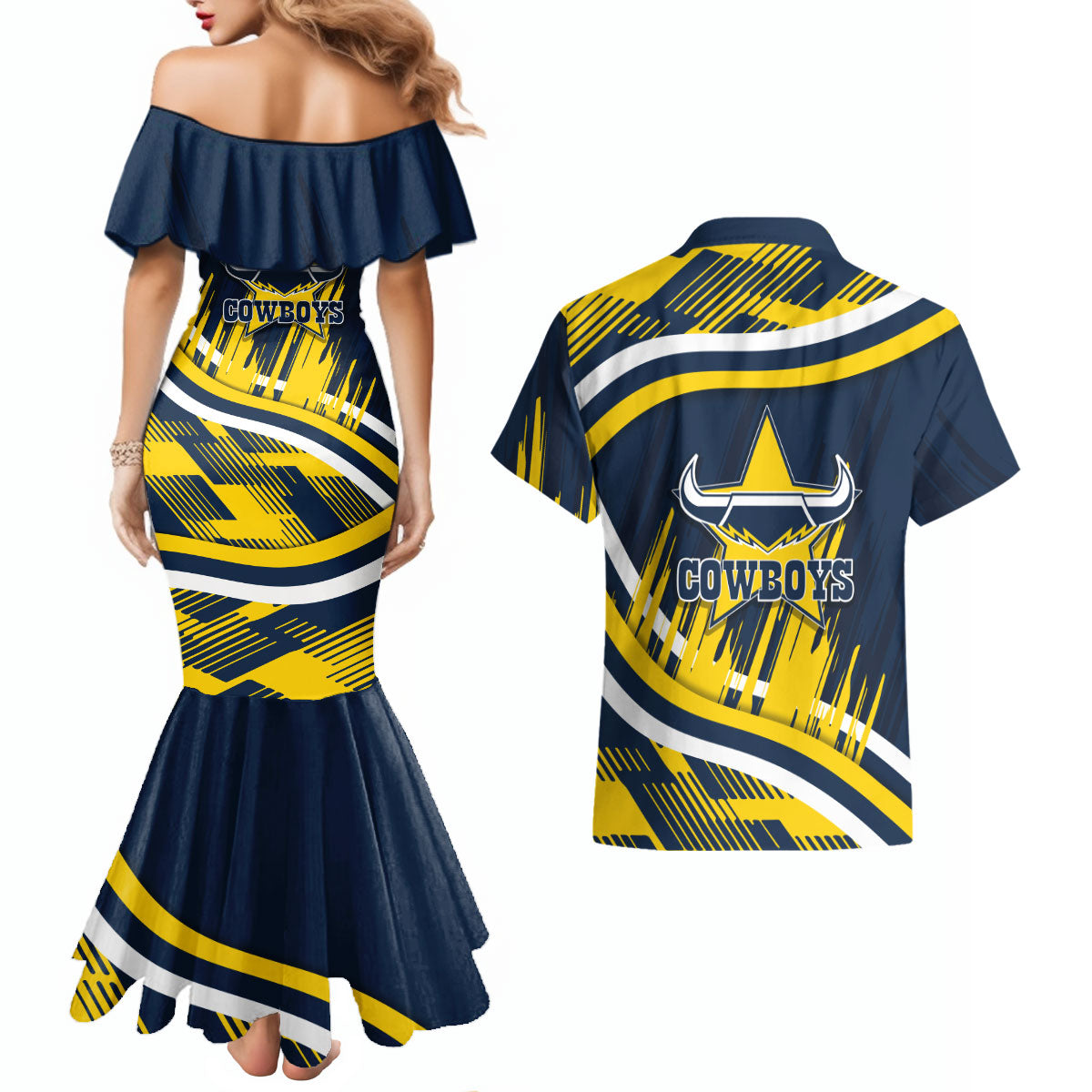 Cowboys Rugby Mascot Couples Matching Mermaid Dress and Hawaiian Shirt Fierce Athlete Graphic in Sports Style