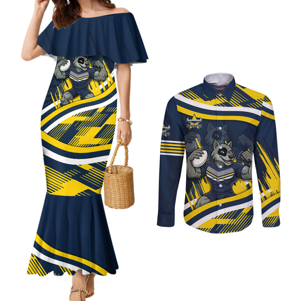 Cowboys Rugby Mascot Couples Matching Mermaid Dress and Long Sleeve Button Shirt Fierce Athlete Graphic in Sports Style