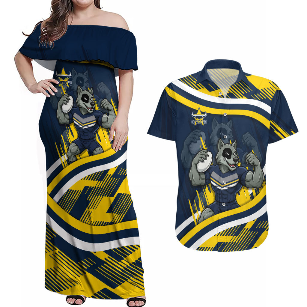 Cowboys Rugby Mascot Couples Matching Off Shoulder Maxi Dress and Hawaiian Shirt Fierce Athlete Graphic in Sports Style