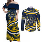 Cowboys Rugby Mascot Couples Matching Off Shoulder Maxi Dress and Long Sleeve Button Shirt Fierce Athlete Graphic in Sports Style