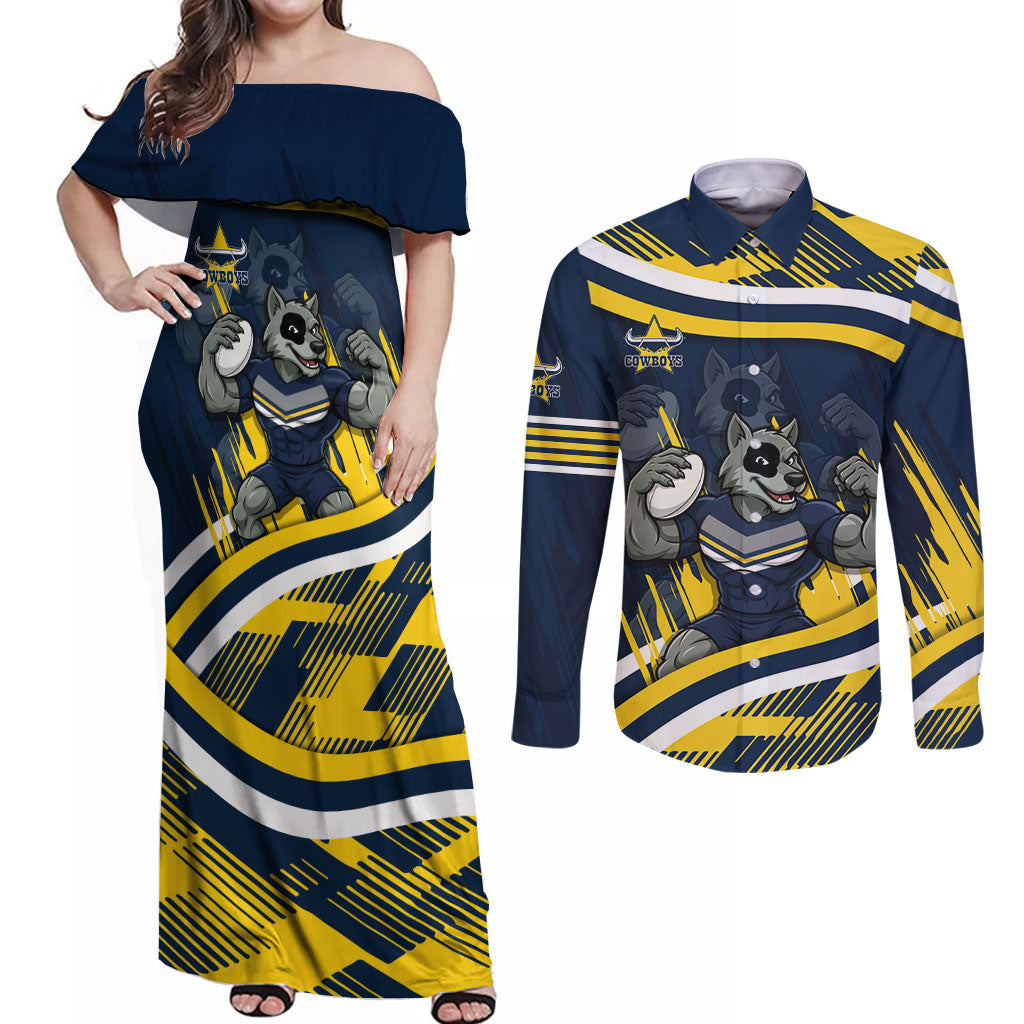 Cowboys Rugby Mascot Couples Matching Off Shoulder Maxi Dress and Long Sleeve Button Shirt Fierce Athlete Graphic in Sports Style