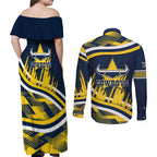 Cowboys Rugby Mascot Couples Matching Off Shoulder Maxi Dress and Long Sleeve Button Shirt Fierce Athlete Graphic in Sports Style