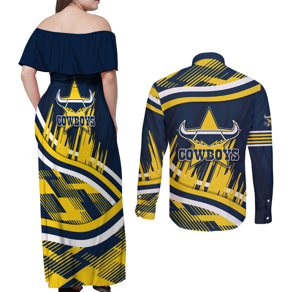 Cowboys Rugby Mascot Couples Matching Off Shoulder Maxi Dress and Long Sleeve Button Shirt Fierce Athlete Graphic in Sports Style