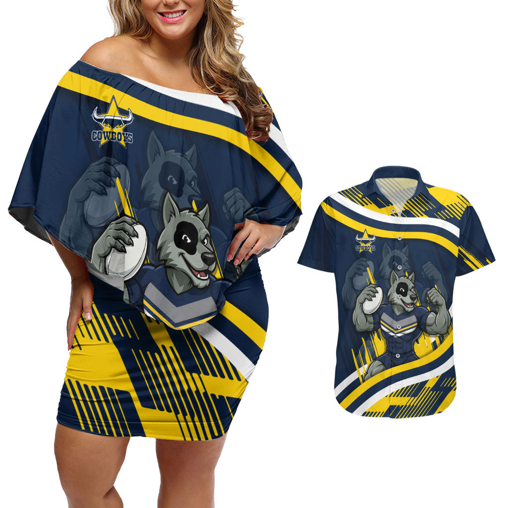 Cowboys Rugby Mascot Couples Matching Off Shoulder Short Dress and Hawaiian Shirt Fierce Athlete Graphic in Sports Style
