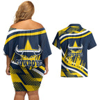 Cowboys Rugby Mascot Couples Matching Off Shoulder Short Dress and Hawaiian Shirt Fierce Athlete Graphic in Sports Style