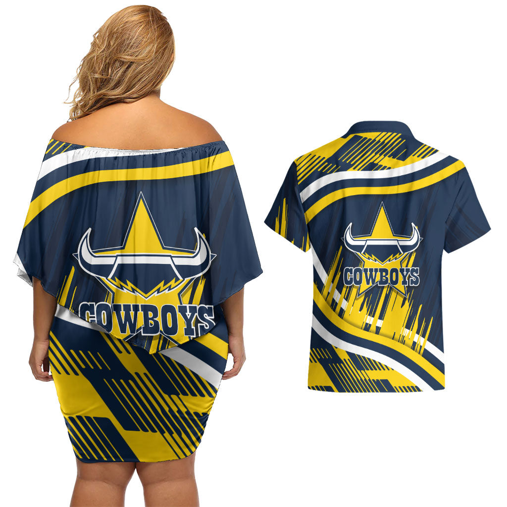 Cowboys Rugby Mascot Couples Matching Off Shoulder Short Dress and Hawaiian Shirt Fierce Athlete Graphic in Sports Style