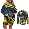 Cowboys Rugby Mascot Couples Matching Off Shoulder Short Dress and Long Sleeve Button Shirt Fierce Athlete Graphic in Sports Style