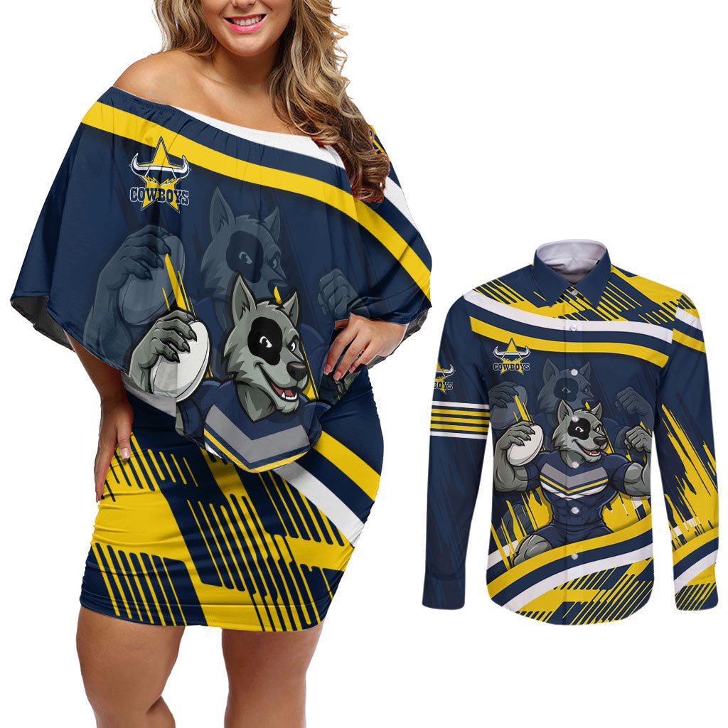 Cowboys Rugby Mascot Couples Matching Off Shoulder Short Dress and Long Sleeve Button Shirt Fierce Athlete Graphic in Sports Style