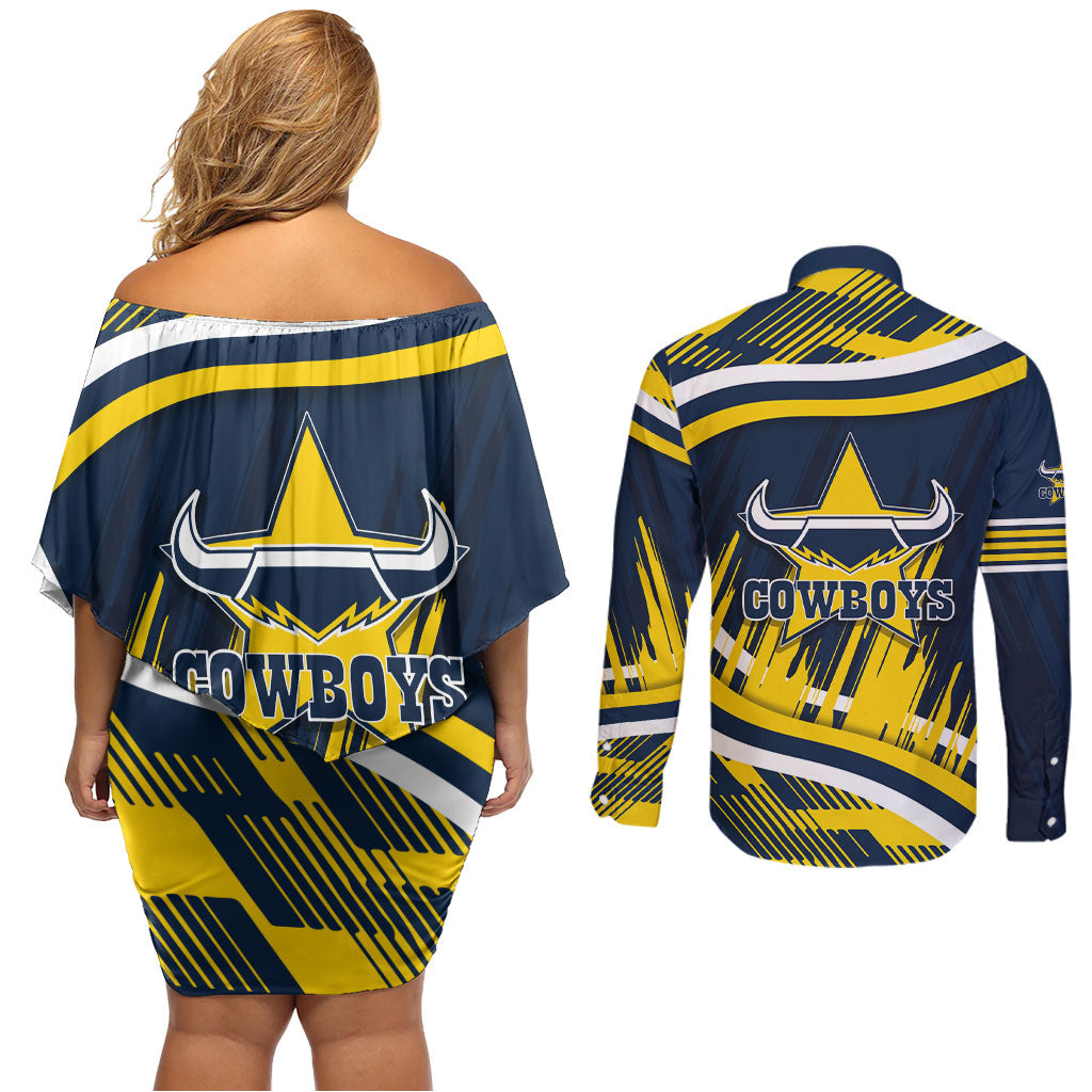 Cowboys Rugby Mascot Couples Matching Off Shoulder Short Dress and Long Sleeve Button Shirt Fierce Athlete Graphic in Sports Style