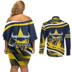 Cowboys Rugby Mascot Couples Matching Off Shoulder Short Dress and Long Sleeve Button Shirt Fierce Athlete Graphic in Sports Style