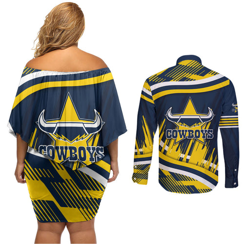 Cowboys Rugby Mascot Couples Matching Off Shoulder Short Dress and Long Sleeve Button Shirt Fierce Athlete Graphic in Sports Style