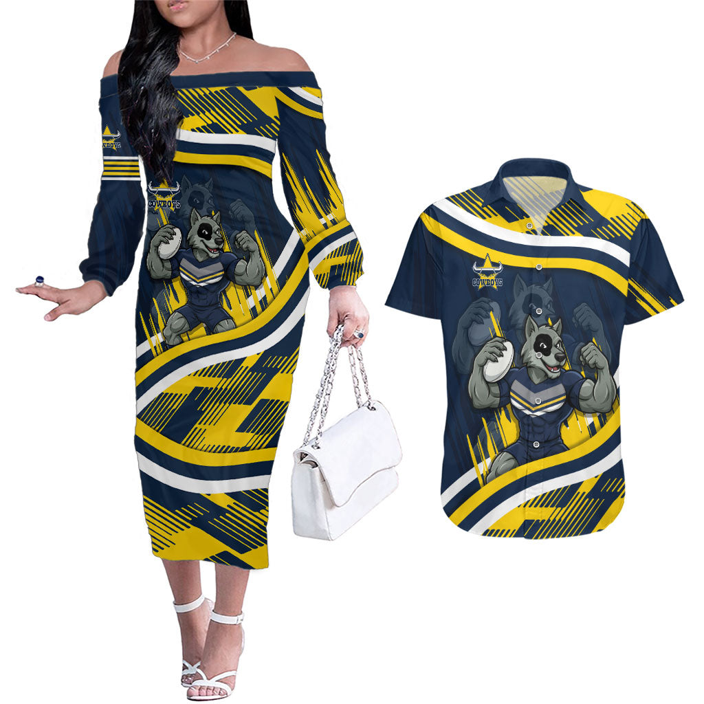 Cowboys Rugby Mascot Couples Matching Off The Shoulder Long Sleeve Dress and Hawaiian Shirt Fierce Athlete Graphic in Sports Style